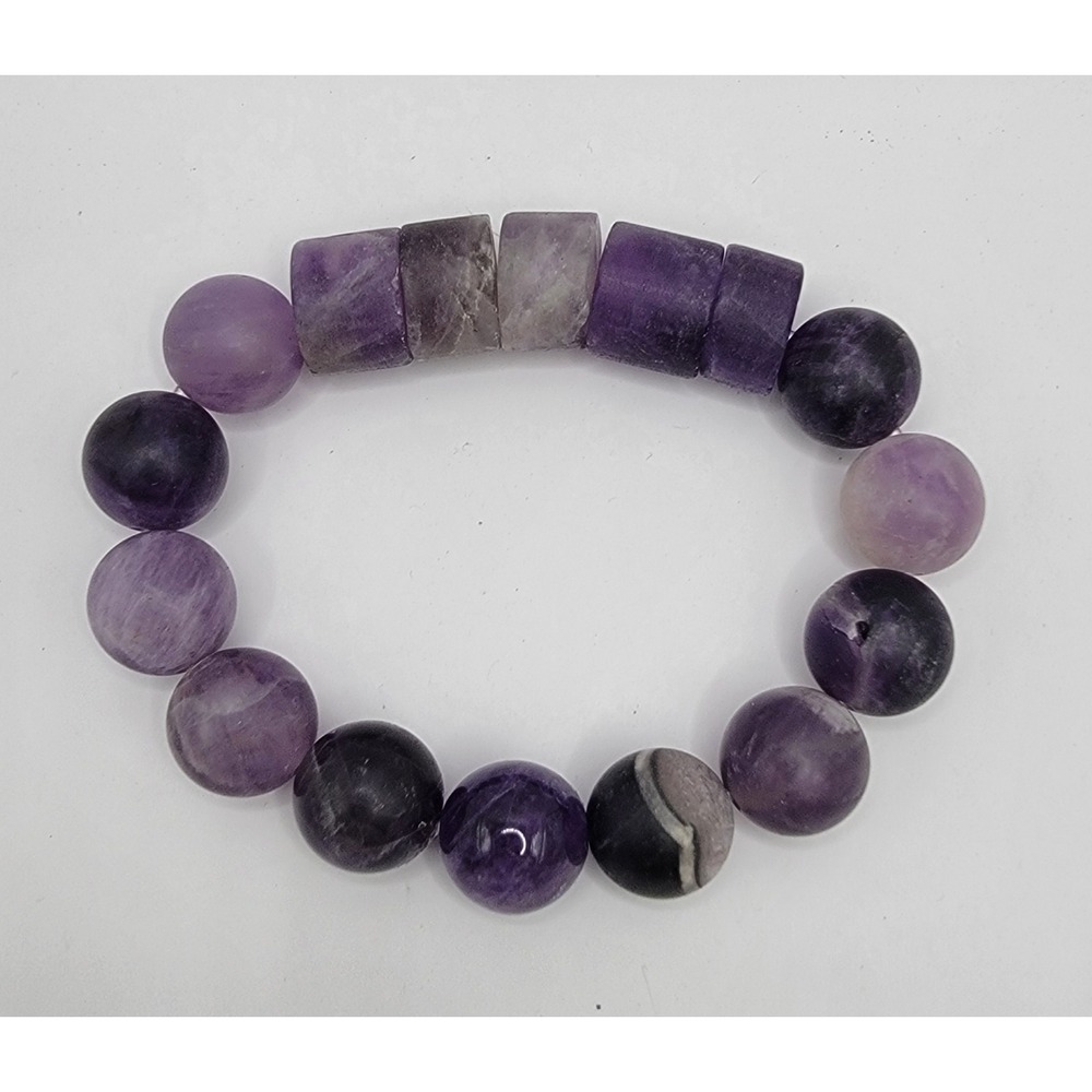 Natural Amethyst Beaded Stretch Bracelet Purple Round Barrel Stone 7 Inch